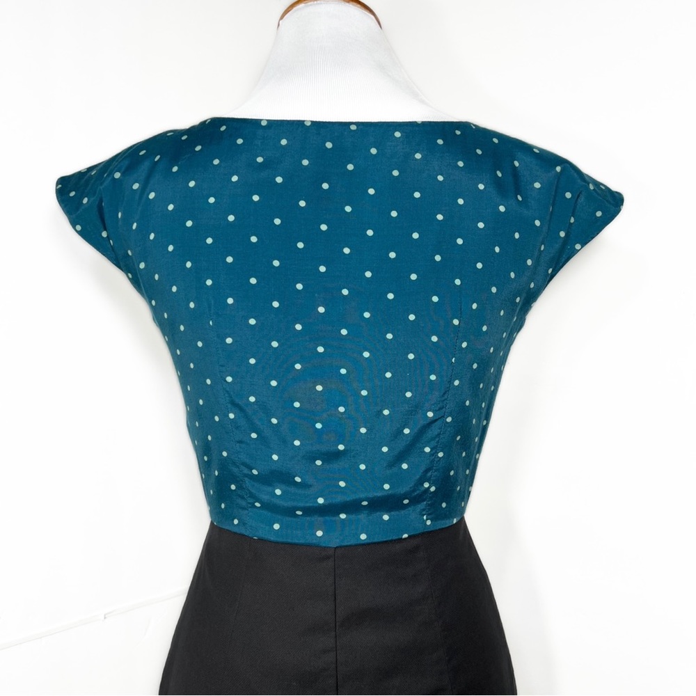 Modcloth Emily and Fin Teal Polka Dot Black Retro Cap Sleeve Sheath Dress - Picture 5 of 11